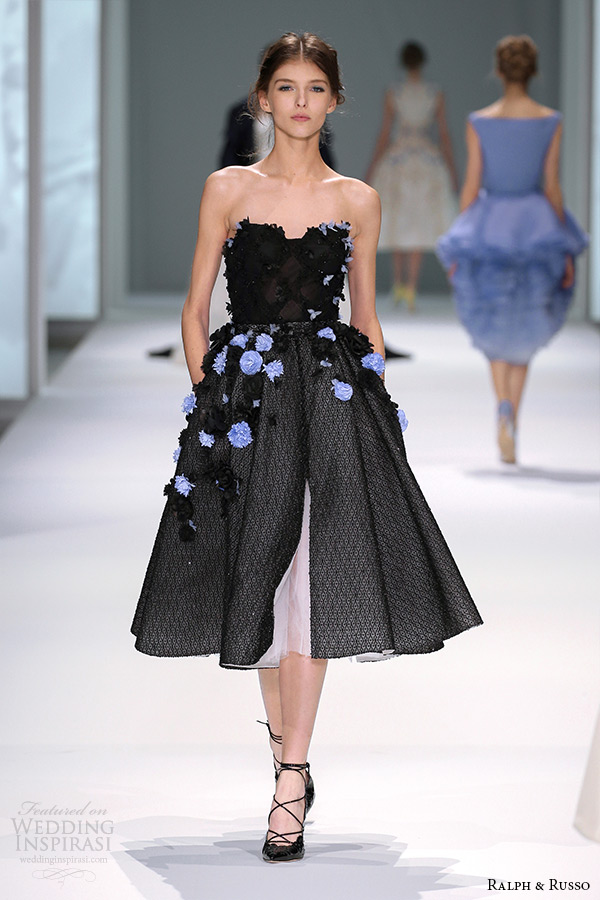 ralph and russo spring 2015 couture collection strapless floral applique black tea length short dress