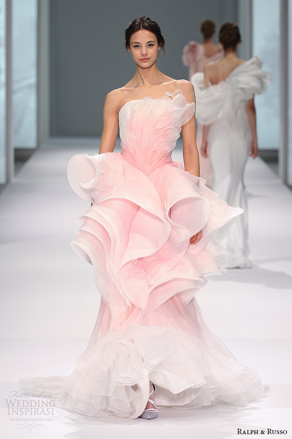 ralph and russo spring 2015 couture collection strapless horse hair flounced peplum sheath pink dress