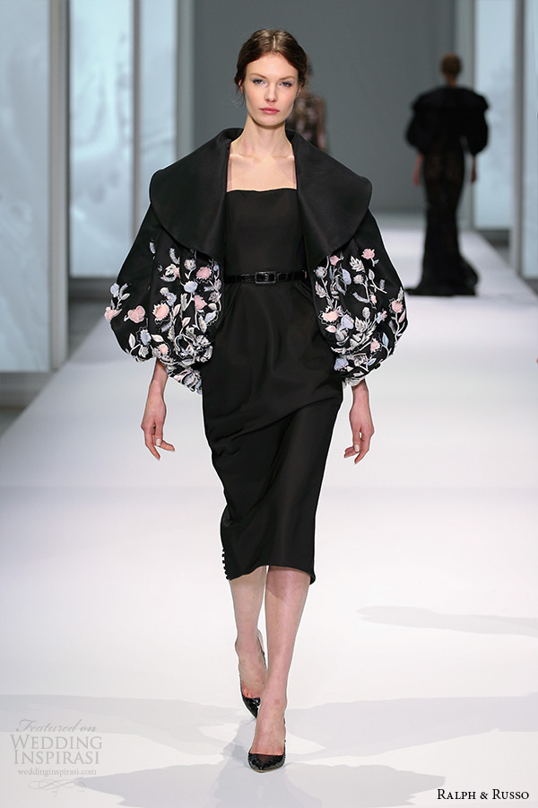 ralph and russo spring 2015 couture collection strapless straight across clean black dress with puff sleeves bolero