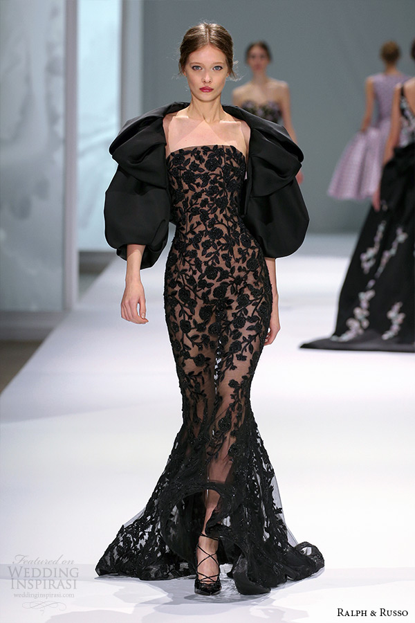 ralph and russo spring 2015 couture collection strapless straight across illusion lace mermaid black dress with puffy bolero