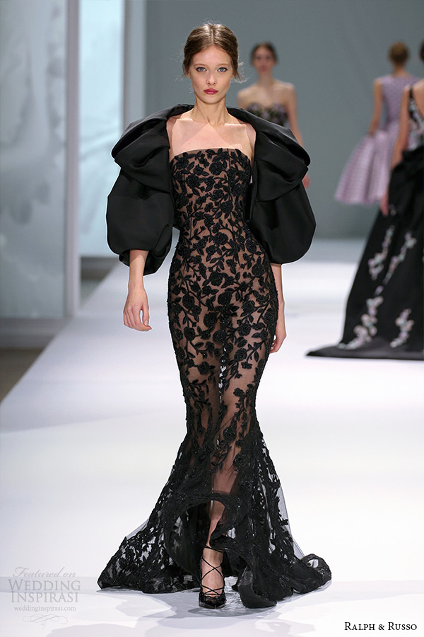 ralph and russo spring 2015 couture collection strapless straight across illusion lace mermaid black dress with puffy bolero ralph and russo spring 2015 couture collection strapless straight across illusion lace mermaid black dress with puffy bolero