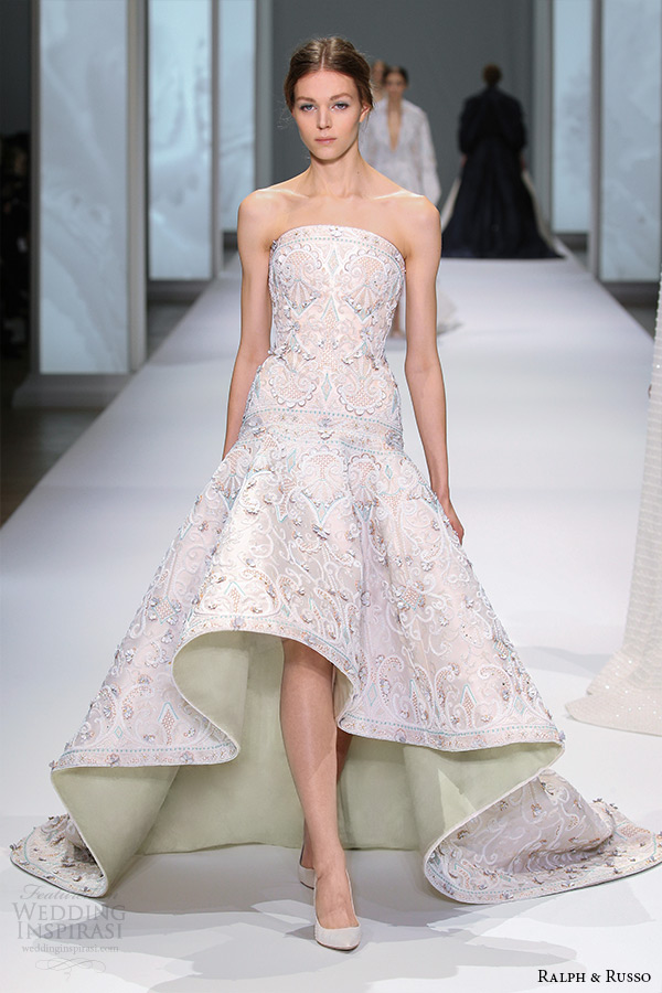 ralph and russo spring 2015 couture collection strapless straight across neckline fit and flare mullet dress with embroidery