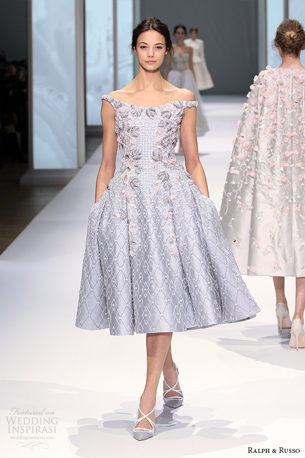 ralph and russo spring 2015 couture collection tea length purple shimmering flora applique off the shoulder dress