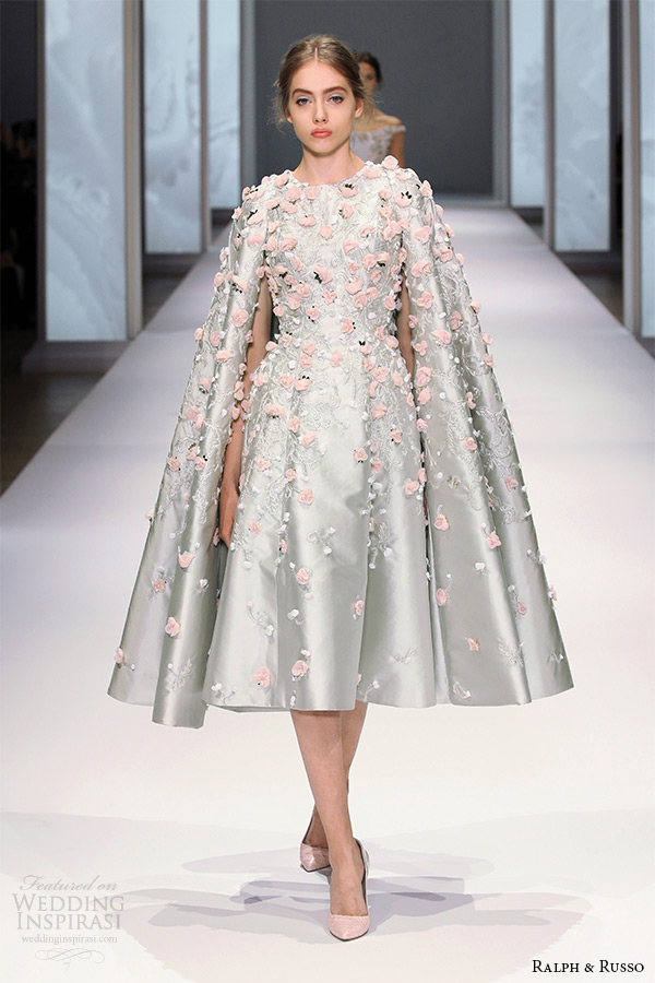 ralph and russo spring 2015 couture collection tea length shimmering silver dress with flora applique and cape