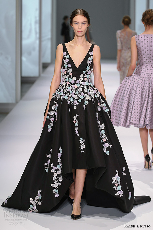 ralph and russo spring 2015 couture collection v plunging neckline sleeveless floral embroidery mullet black ball gown