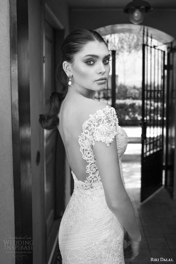 riki dalal wedding dress 2015 bridal lace cap sleeves sweetheart neckline sheath gown back zoom