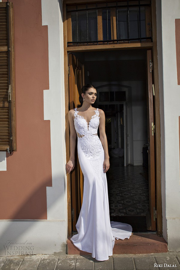 riki dalal wedding dress 2015 bridal lace strapped deep plunging neckline embroidered bodice waist cutout sheath gown