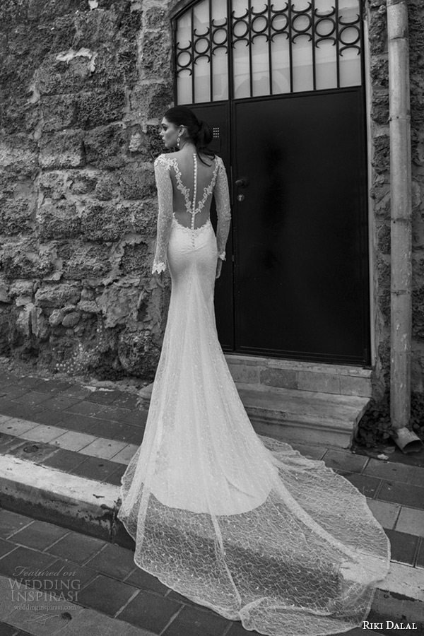 riki dalal wedding dress 2015 bridal long illusion sleeves plunging neckline mermaid gown back