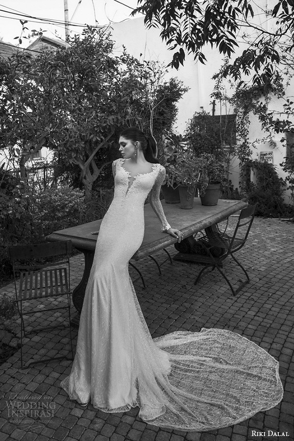 riki dalal wedding dress 2015 bridal long illusion sleeves plunging neckline mermaid gown