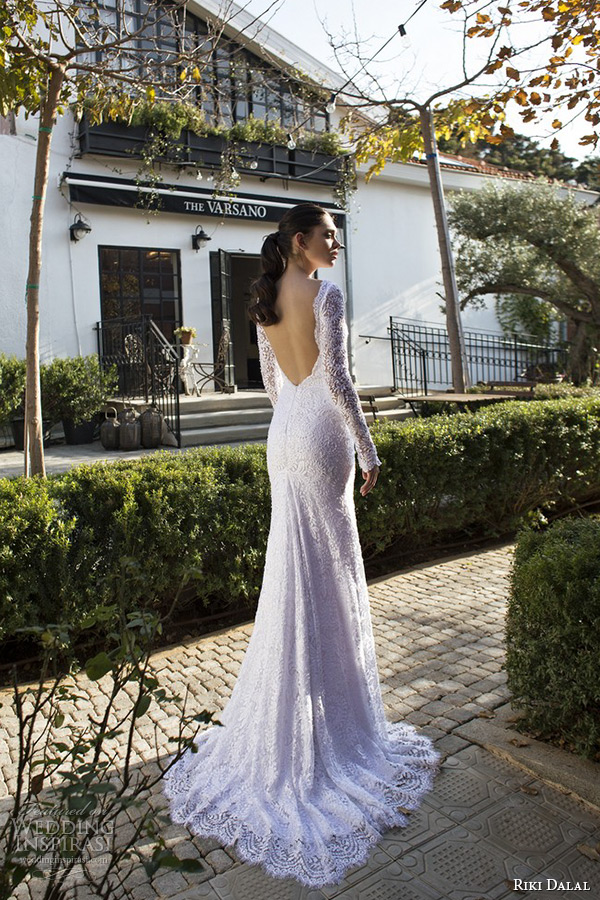 riki dalal wedding dress 2015 bridal long sleeves bateau neckline lace sheath gown back