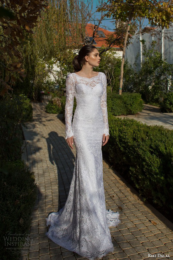 riki dalal wedding dress 2015 bridal long sleeves bateau neckline lace sheath gown