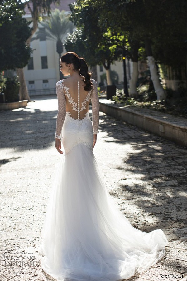 riki dalal wedding dress 2015 bridal long sleeves lace deep plunging neckline mermaid tulle gown back