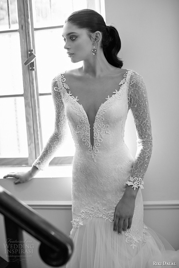 riki dalal wedding dress 2015 bridal long sleeves lace deep plunging neckline mermaid tulle gown zoom