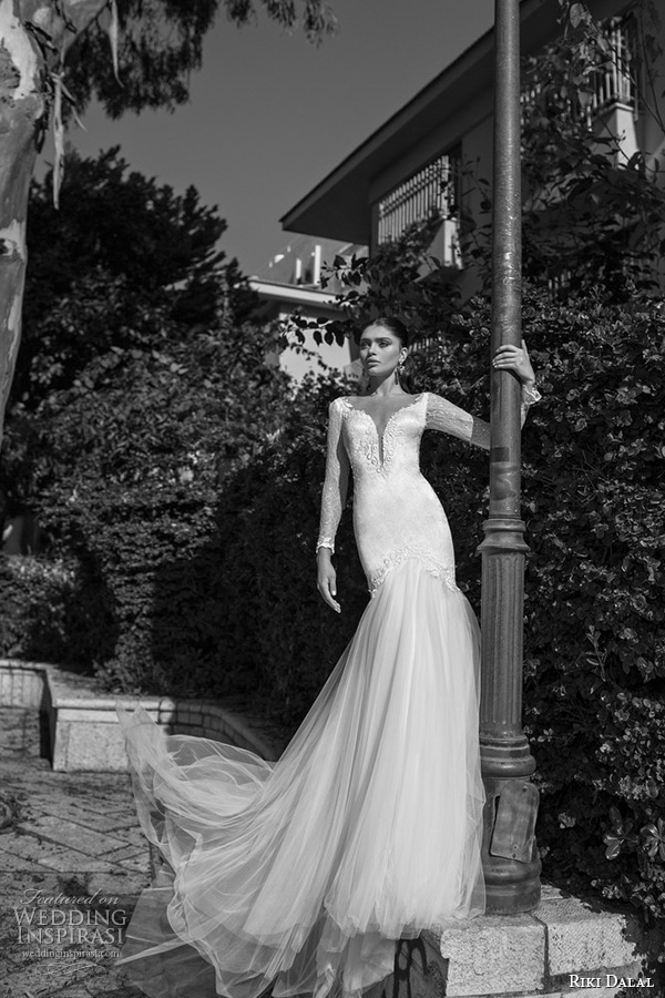 riki dalal wedding dress 2015 bridal long sleeves lace deep plunging neckline mermaid tulle gown