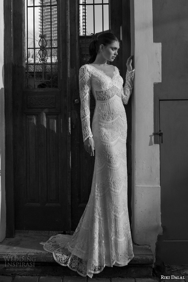 riki dalal wedding dress 2015 bridal long sleeves v neckline embroidery sheath gown
