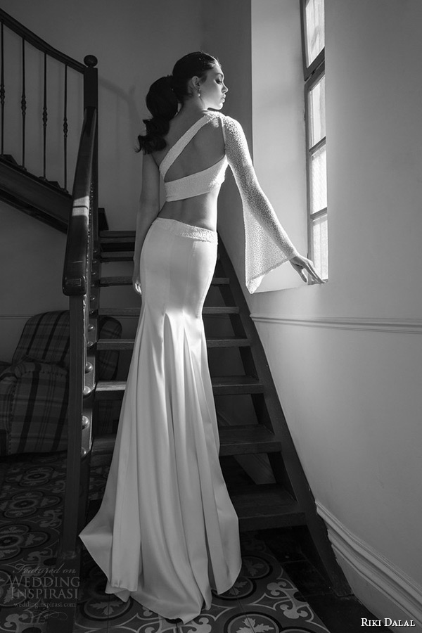 riki dalal wedding dress 2015 bridal one shoulder long sleeves waist cutout sheath gown back