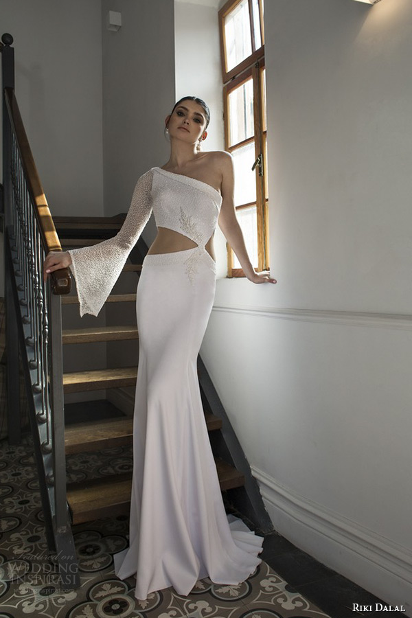 riki dalal wedding dress 2015 bridal one shoulder long sleeves waist cutout sheath gown