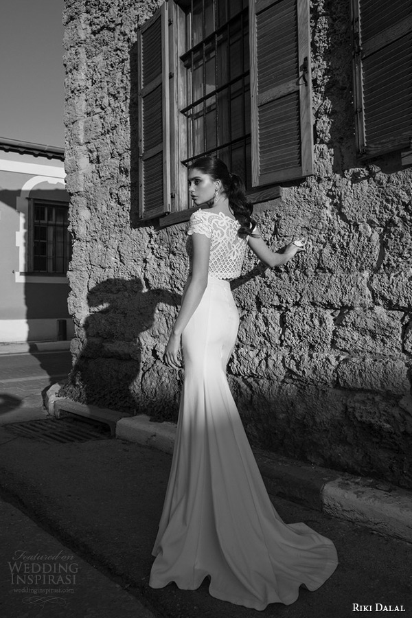 riki dalal wedding dress 2015 bridal short sleeves lace cropped top mermaid gown back