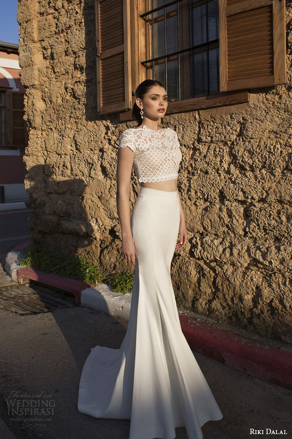 riki dalal wedding dress 2015 bridal short sleeves lace cropped top mermaid gown