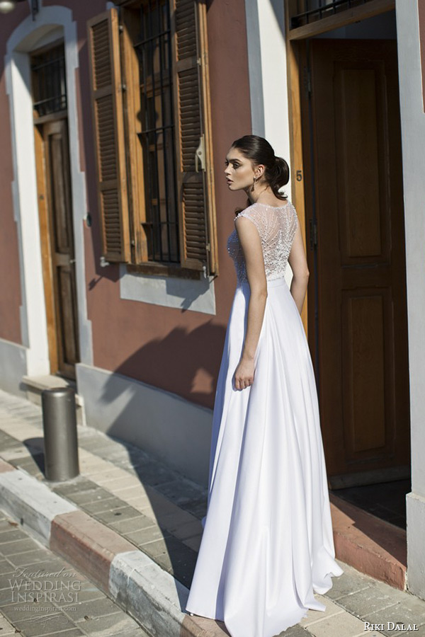 riki dalal wedding dress 2015 bridal sleeveless bateau neckline sheer embroidery top a line gown with pockets back