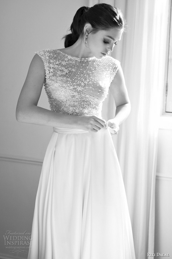 riki dalal wedding dress 2015 bridal sleeveless bateau neckline sheer embroidery top a line gown with pockets zoom