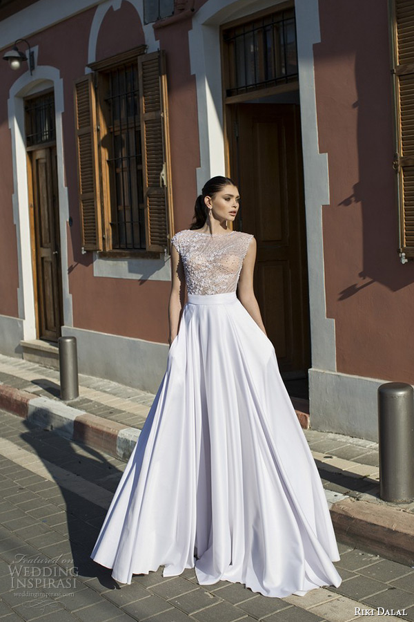 riki dalal wedding dress 2015 bridal sleeveless bateau neckline sheer embroidery top a line gown with pockets