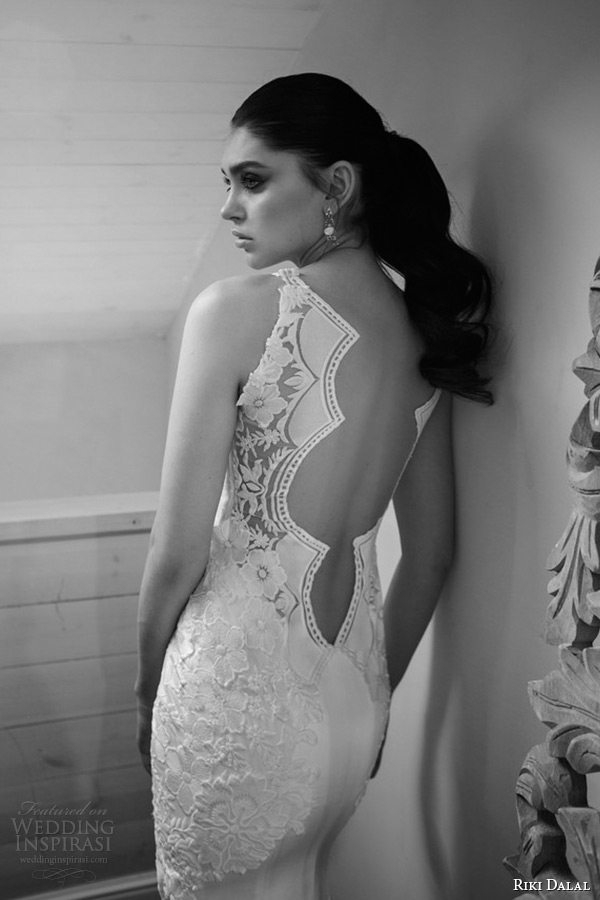 riki dalal wedding dress 2015 bridal sleeveless strapped deep plunging neckline sheath gown back zoom