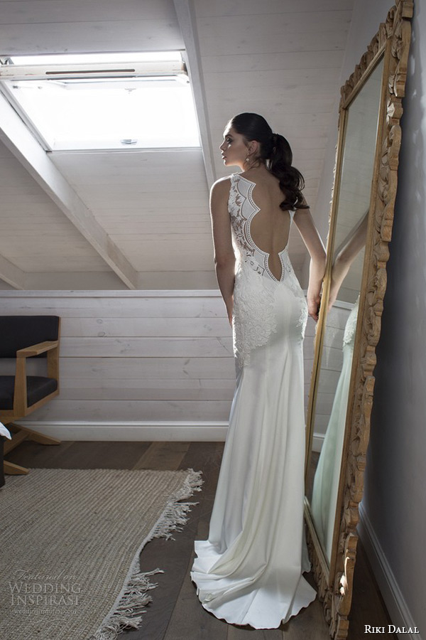 riki dalal wedding dress 2015 bridal sleeveless strapped deep plunging neckline sheath gown back