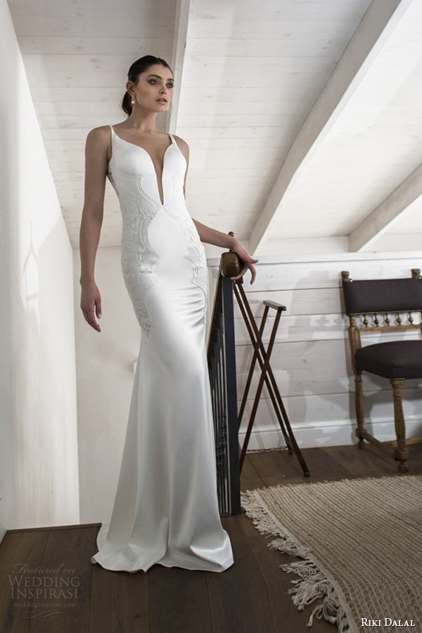 riki dalal wedding dress 2015 bridal sleeveless strapped deep plunging neckline sheath gown