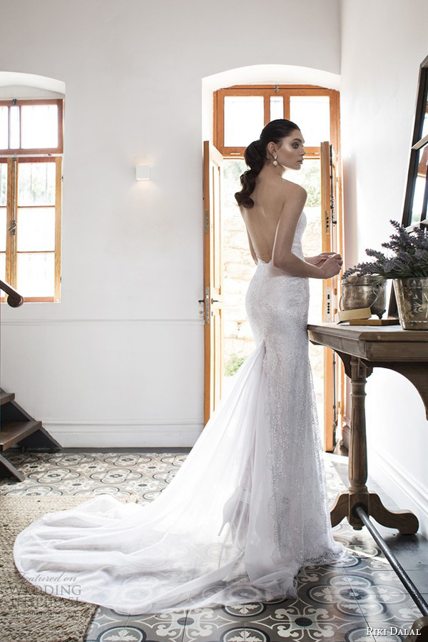 riki dalal wedding dress 2015 bridal strapless sweetheart deep plunging neckline low cut back sheath gown back riki dalal wedding dress 2015 bridal strapless sweetheart deep plunging neckline low cut back sheath gown back