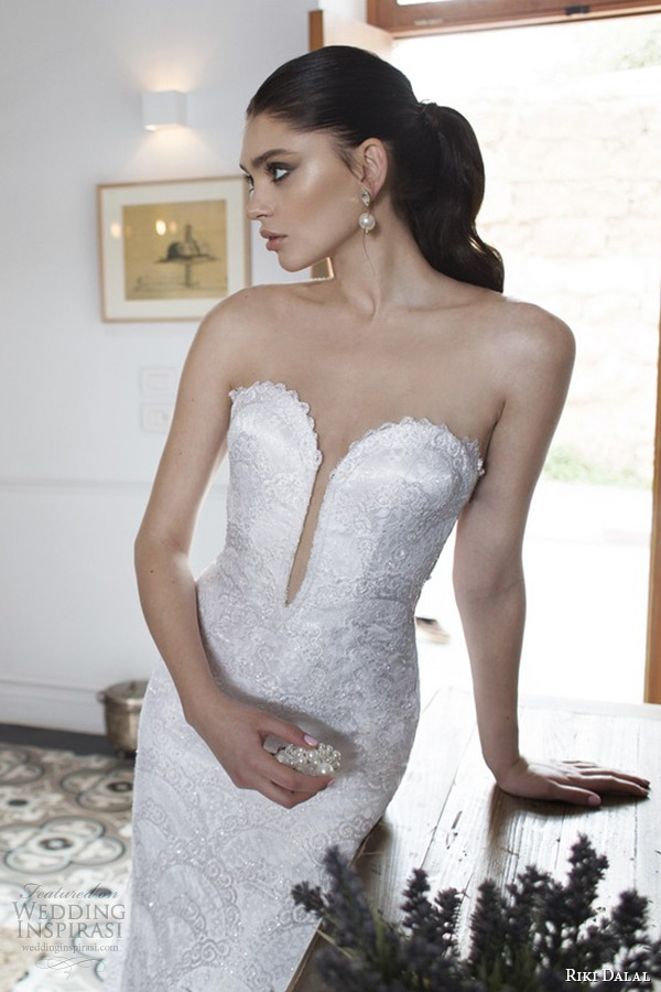 riki dalal wedding dress 2015 bridal strapless sweetheart deep plunging neckline low cut back sheath gown zoom