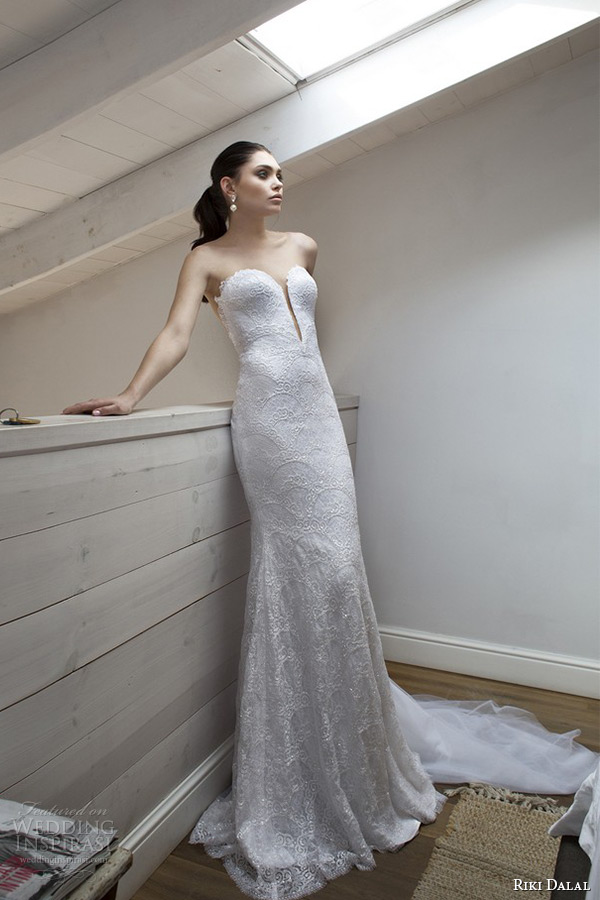 riki dalal wedding dress 2015 bridal strapless sweetheart deep plunging neckline low cut back sheath gown