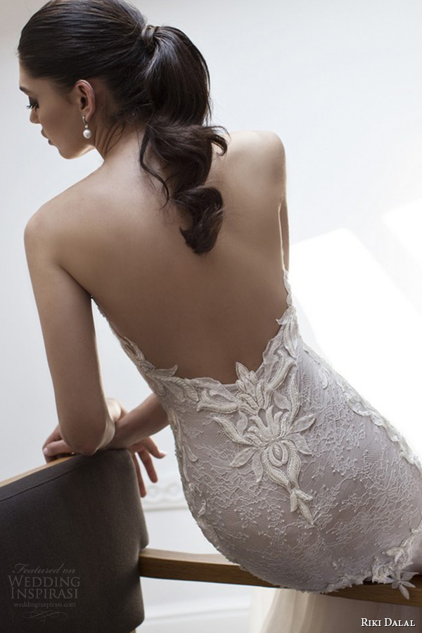 riki dalal wedding dress 2015 bridal strapless sweetheart neckline bustier bodice tulle mermaid gown back zoom