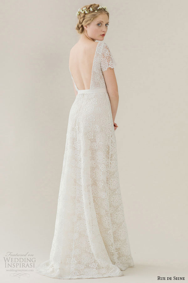 rue de seine wedding dress 2015 bridal bateau neckline short sleeves lace open back a line gown bella back