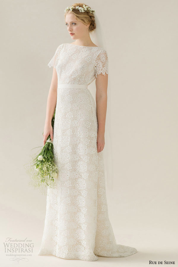 rue de seine wedding dress 2015 bridal bateau neckline short sleeves lace open back a line gown bella