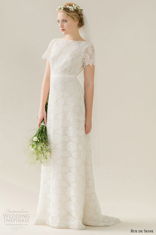 rue de seine wedding dress 2015 bridal bateau neckline short sleeves lace open back a line gown bella rue de seine wedding dress 2015 bridal bateau neckline short sleeves lace open back a line gown bella