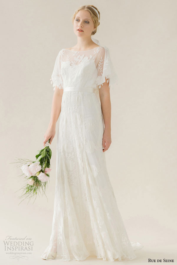 rue de seine wedding dress 2015 bridal boat sheer neckline cotten flutter short sleeves embroidery soft a line gown poppy