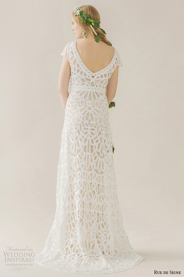 rue de seine wedding dress 2015 bridal cap sleeves bateau neckline cotton battenburg lace column full gown violet back