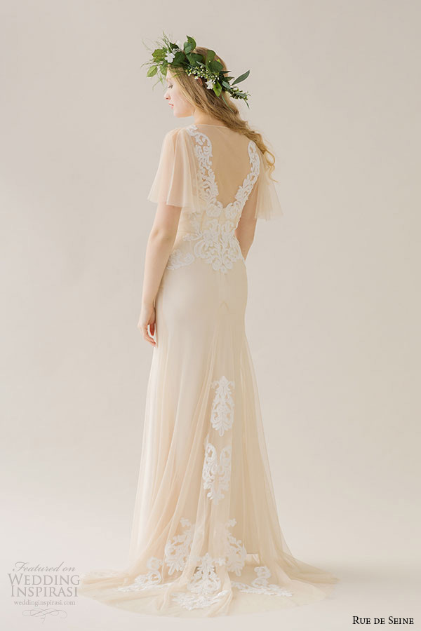 rue de seine wedding dress 2015 bridal corded lace boat neckline cascading sleeves nude fit flare gown colette back