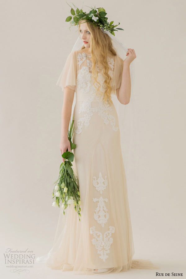 rue de seine wedding dress 2015 bridal corded lace boat neckline cascading sleeves nude fit flare gown colette