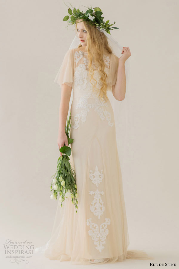 rue de seine wedding dress 2015 bridal corded lace boat neckline cascading sleeves nude fit flare gown colette rue de seine wedding dress 2015 bridal corded lace boat neckline cascading sleeves nude fit flare gown colette