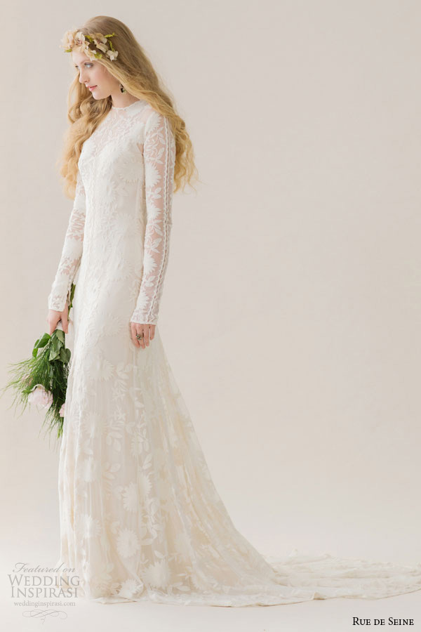 rue de seine wedding dress 2015 bridal cotten jewel neckline lace long sleeves cotton button keyhole back soft a line gown chloe side