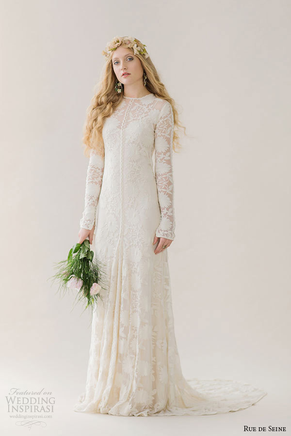 rue de seine wedding dress 2015 bridal cotten jewel neckline lace long sleeves cotton button keyhole back soft a line gown chloe