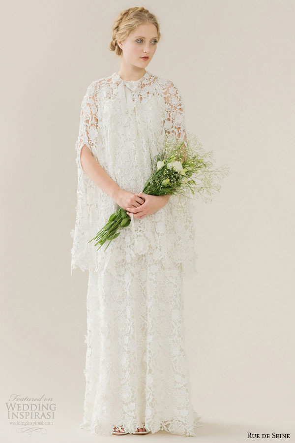 rue de seine wedding dress 2015 bridal high square neckline low cut back guipure lace a line gown hannah with lace cape