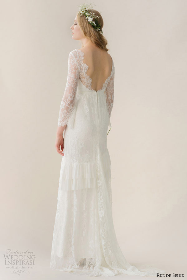 rue de seine wedding dress 2015 bridal long lace sleeves v neckline fitted bodice fuller skirt ruffled hem column gown abbey back