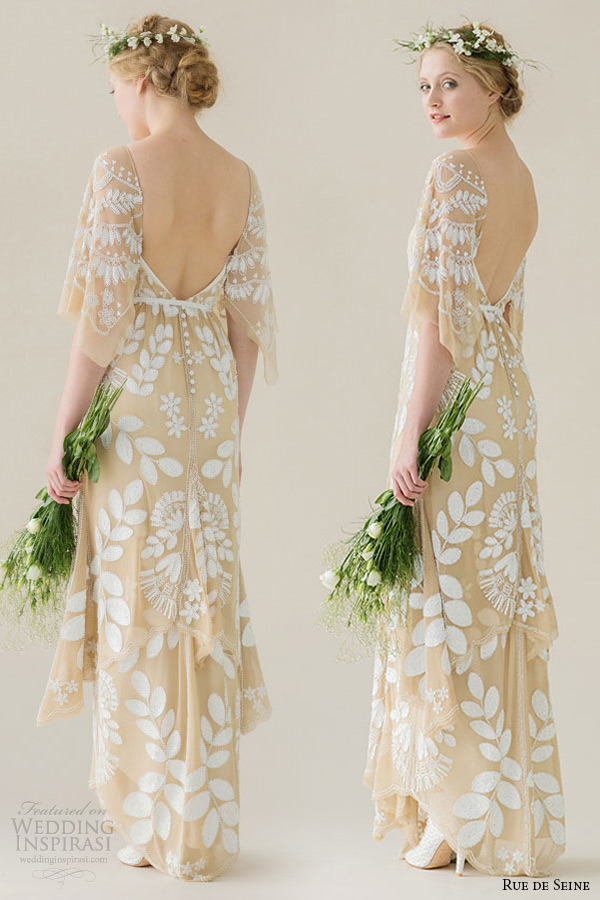 rue de seine wedding dress 2015 bridal off the shoulder draped sleeve beaded nude mesh column gown dahlia side back