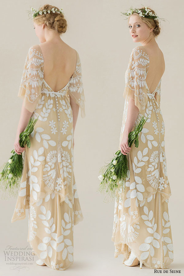 rue de seine wedding dress 2015 bridal off the shoulder draped sleeve beaded nude mesh column gown dahlia side back rue de seine wedding dress 2015 bridal off the shoulder draped sleeve beaded nude mesh column gown dahlia side back