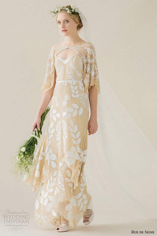 rue de seine wedding dress 2015 bridal off the shoulder draped sleeve beaded nude mesh column gown dahlia