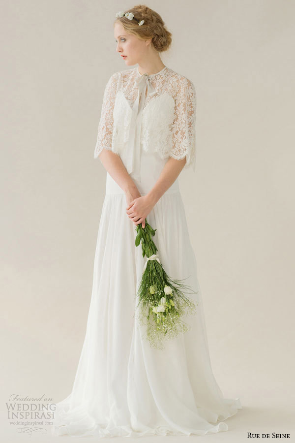 rue de seine wedding dress 2015 bridal spagetti strap sweetheart neckline low cut back full gathered skirt flora with devin cape