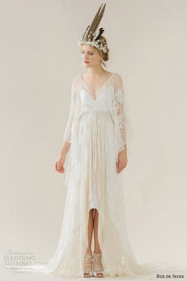 rue de seine wedding dress 2015 bridal v neckline sheer three 3 quarter loose sheer sleeves high low hemline full skirt cleo